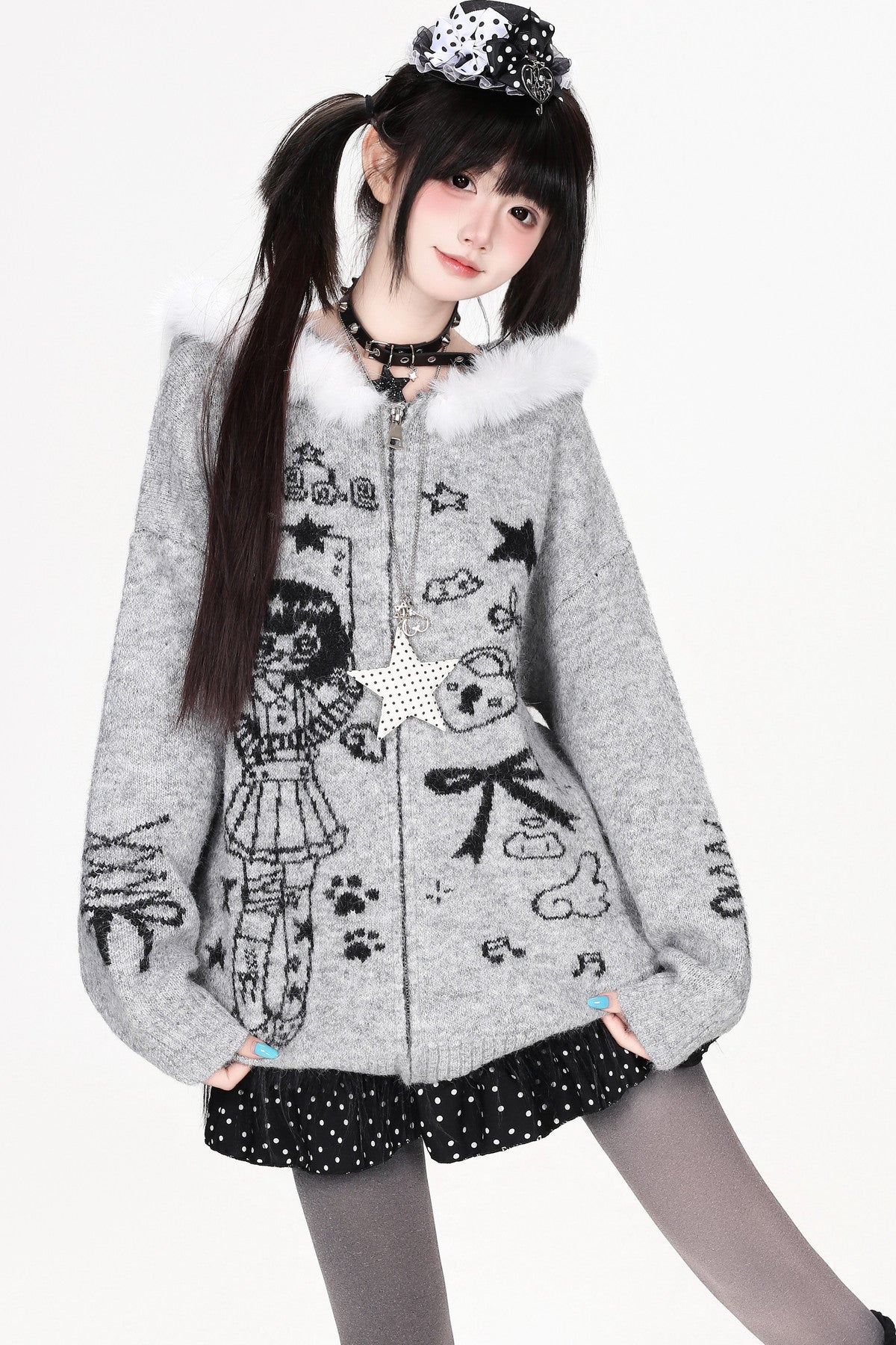 Veste en fourrure zippée à imprimé fille anime