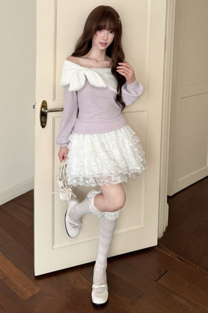 Fliederfarbenes Stricktop und Rock-Set