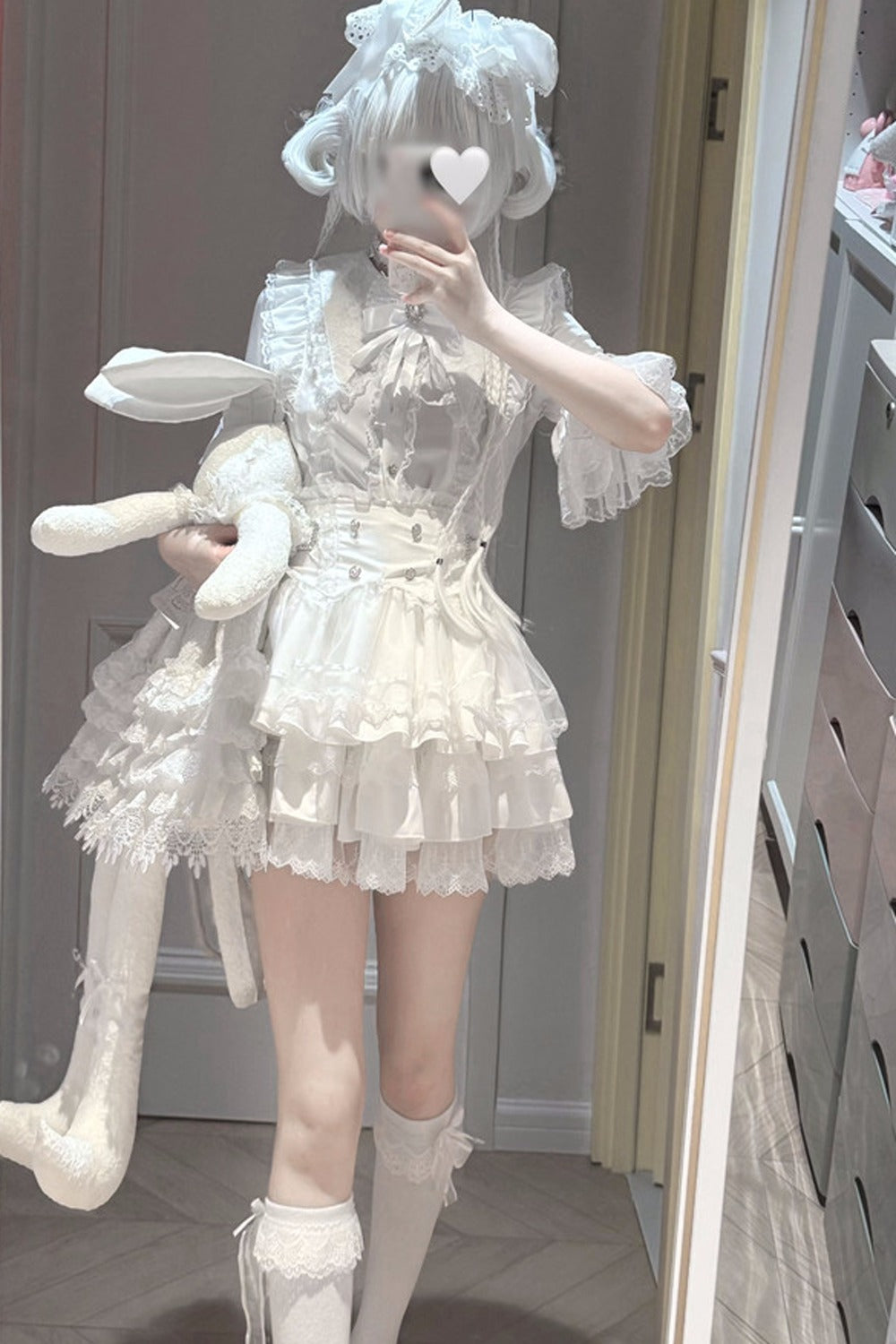Cherry Short-Sleeved Lace Collar Shirt and Skirt Set-Up