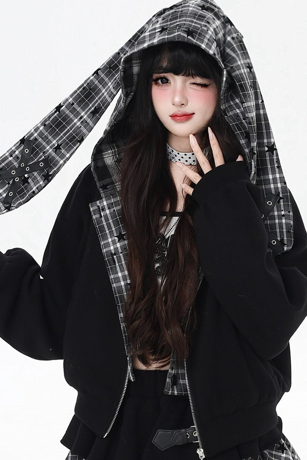 Plaid Rabbit Ear Embroidered Hooded Jacket