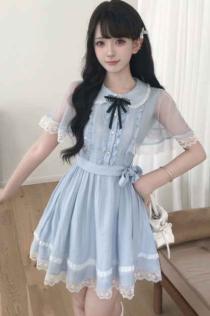 Sheer Cape Lace Waist-Cinching Blue Dress