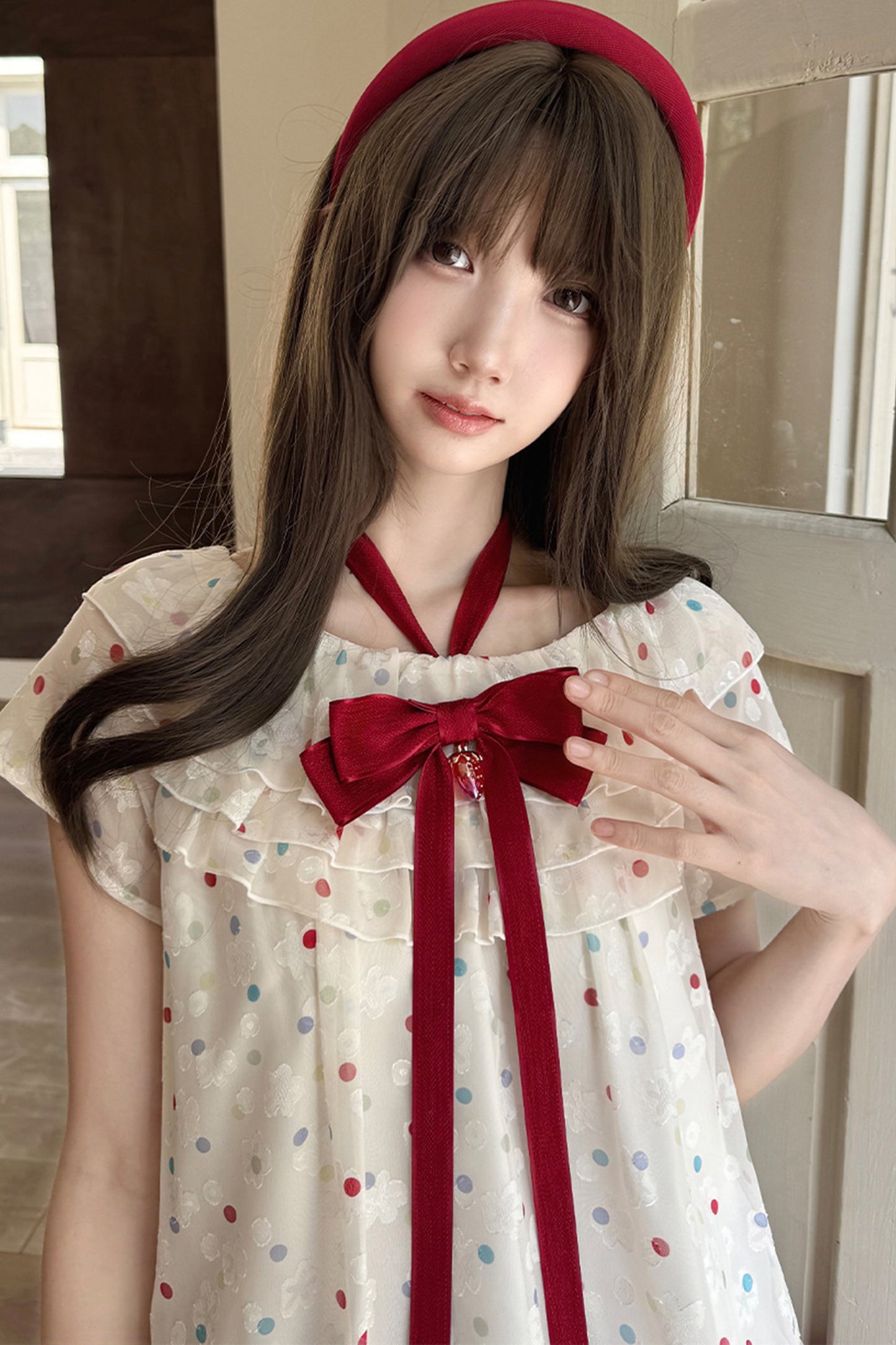 Berry Rococo Polka Dot Floral Short Top and Skirt Set-Up