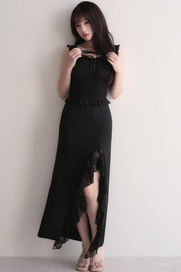 Elegant Ruffle Top & Lace Slit Skirt Set