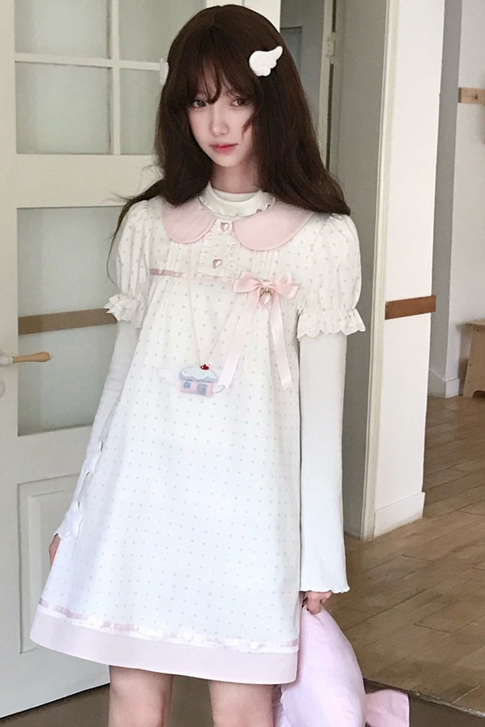 Polka Dot Doll Collar Puff Sleeve Dress