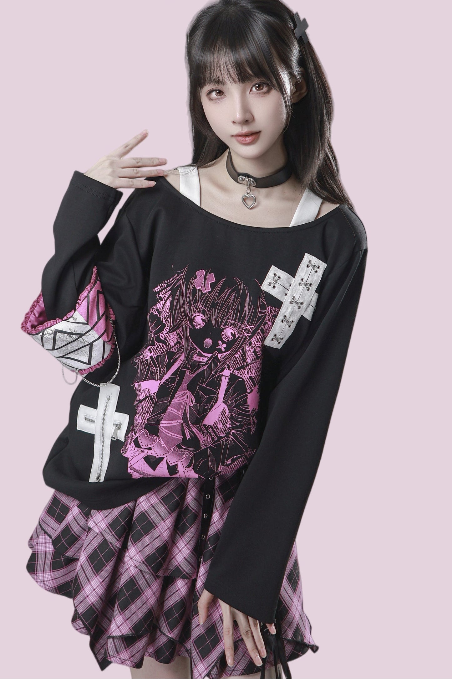 Cross-Decorated Armband Shoulder Strap T-Shirt