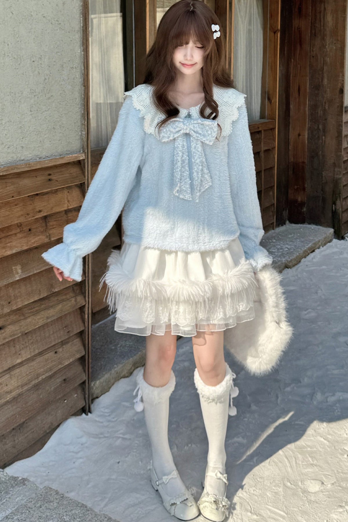 Blue Sky Star Fluffy Knit Top and Skirt Set