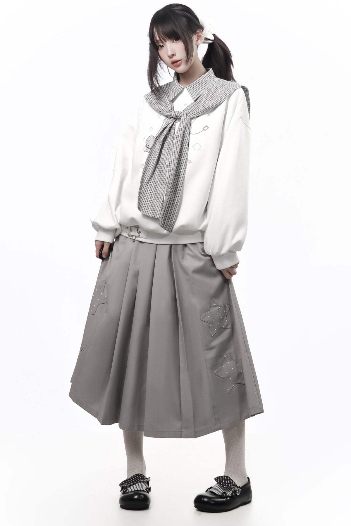 Star Plaid Shawl Sweatshirt Skirt Set-Up