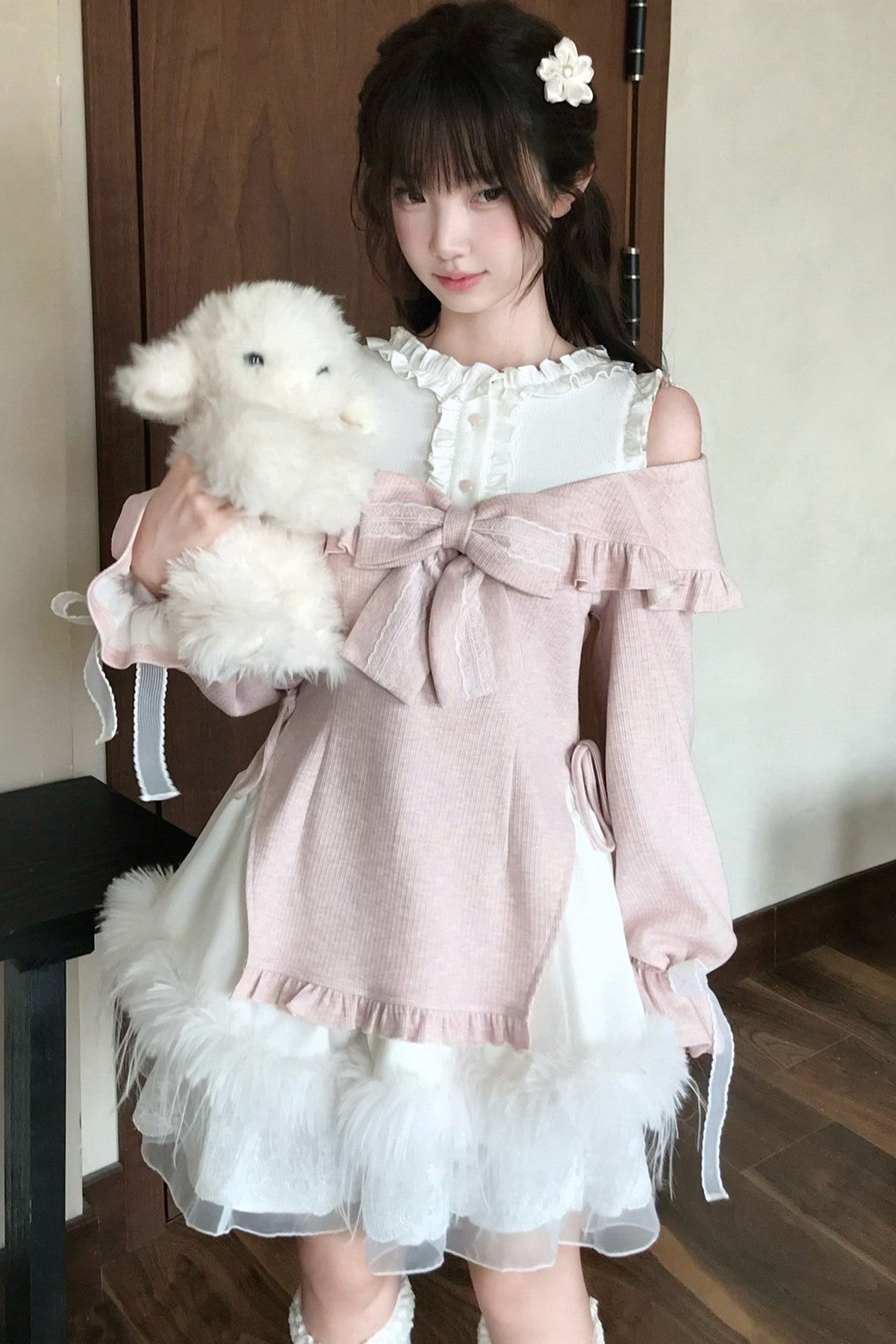 Moon Rabbit Big Bow Off-Shoulder Top and Skirt Set