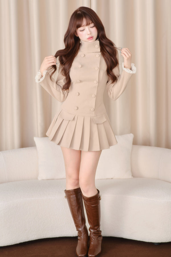 High-Neck Pleated Trench Dress Set
