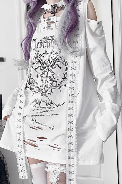 T-shirt ampia a maniche lunghe con spalle scoperte effetto usato