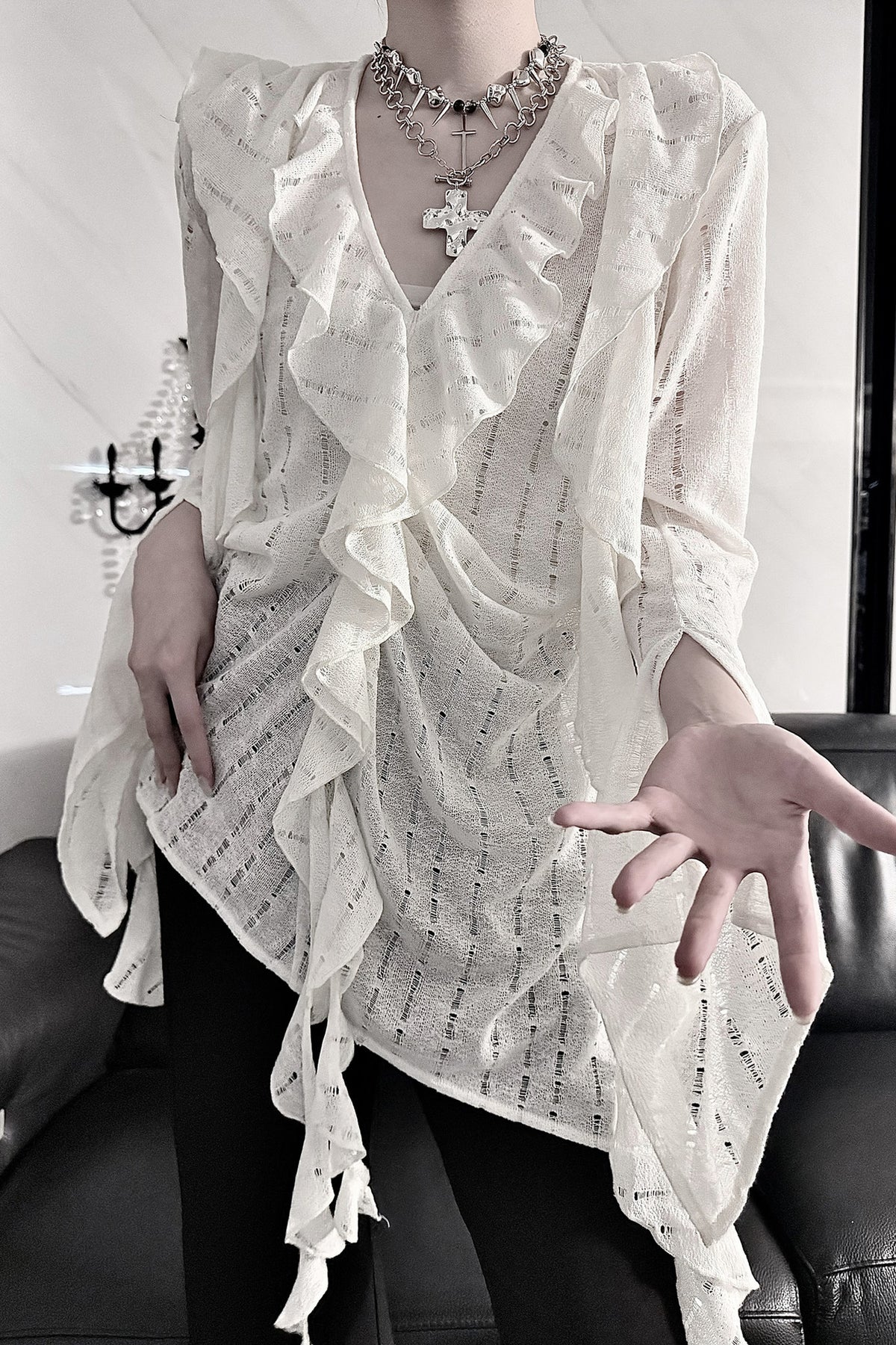 Gothic V-Neck Cut-Out Ruffle Top