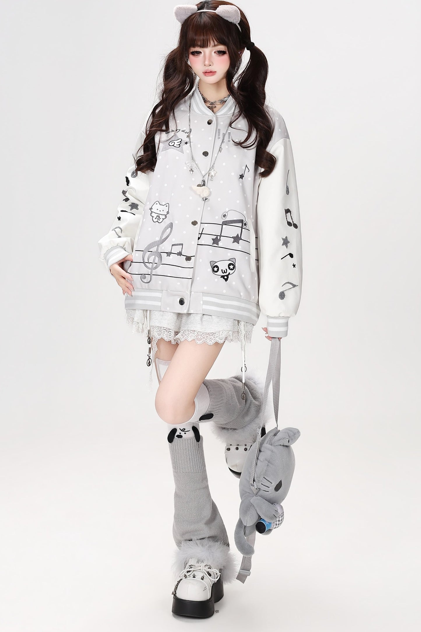 Musical Note Kitten Embroidery Baseball Jacket