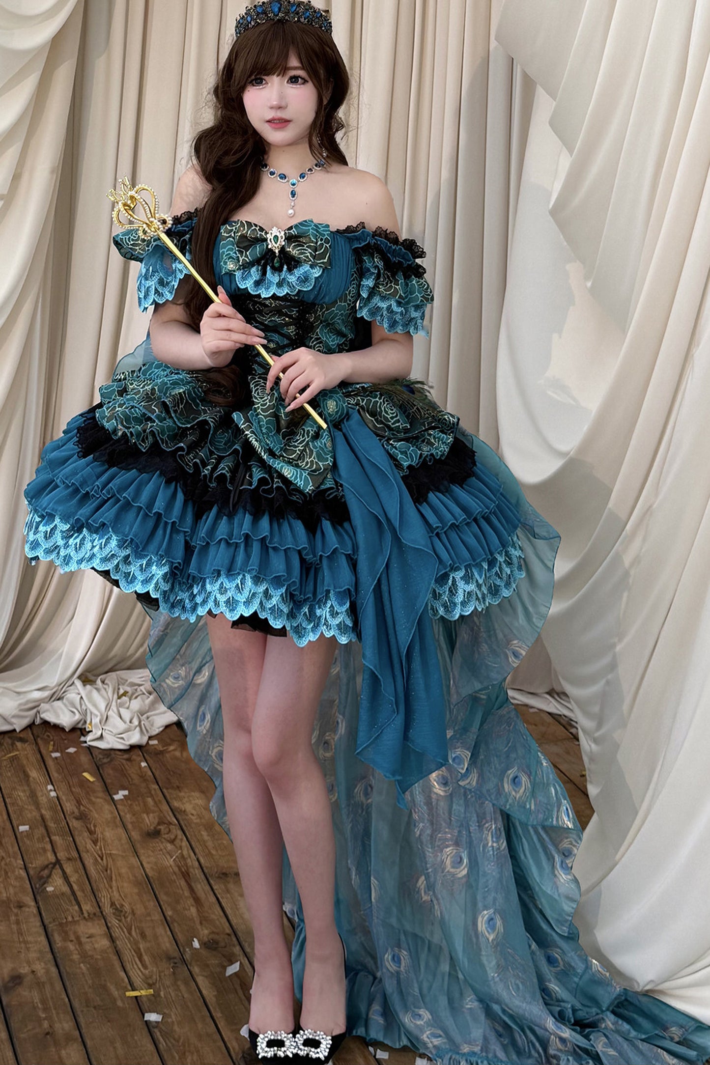 ブルーグリーンプリンセスロリータドレス+スカート+アクセサリー