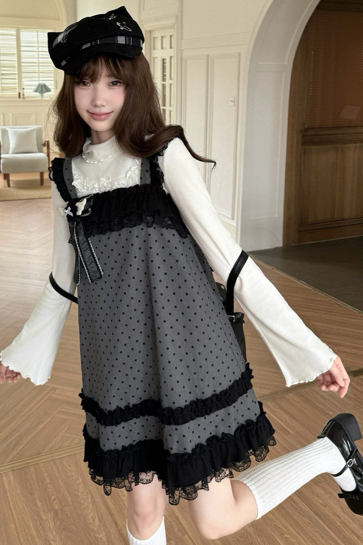 Schwarz-graues Polka-Dot-Trägerkleid-Set