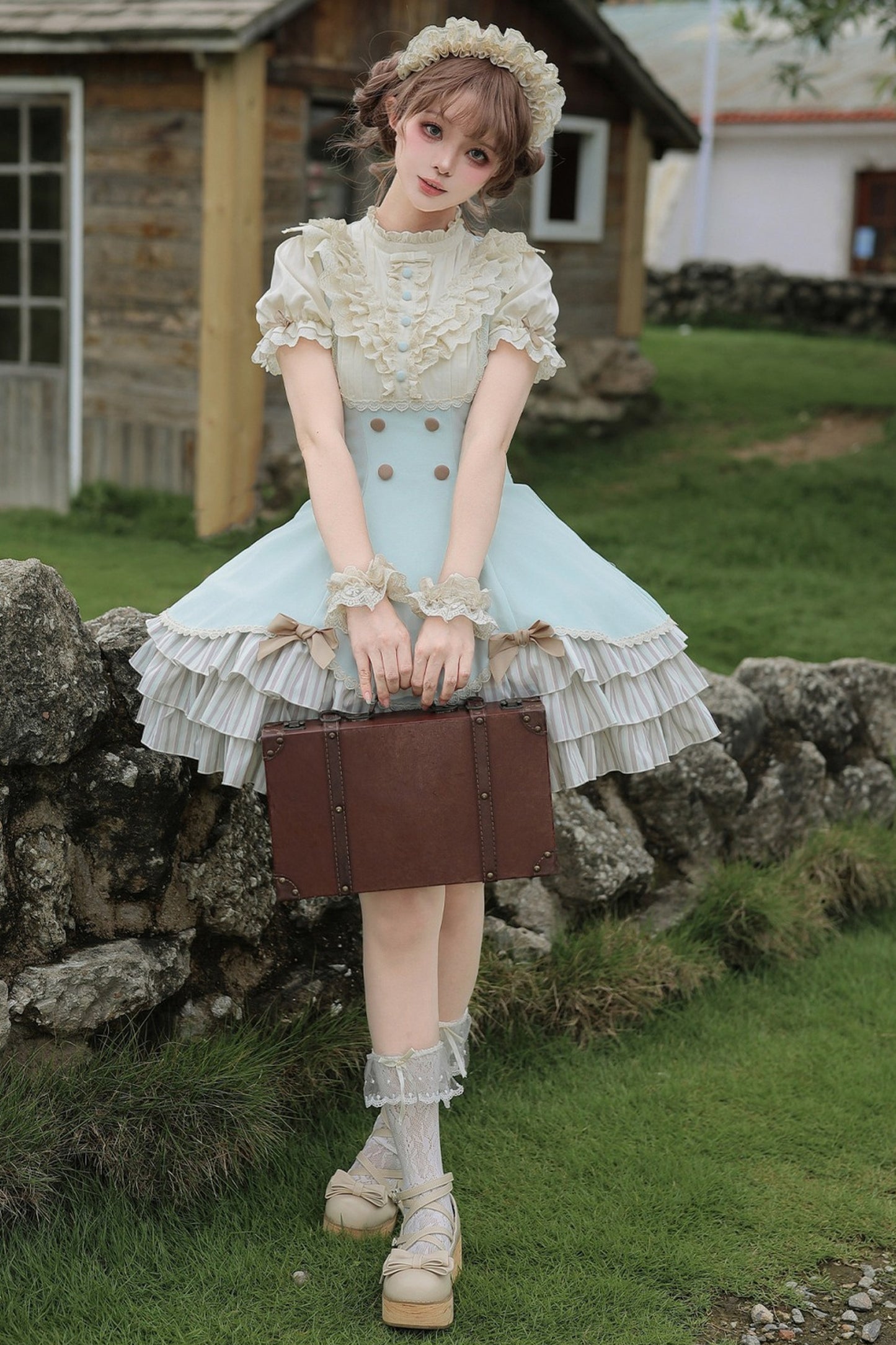 Lace Stand Collar Petal Hem Ruffle Dress