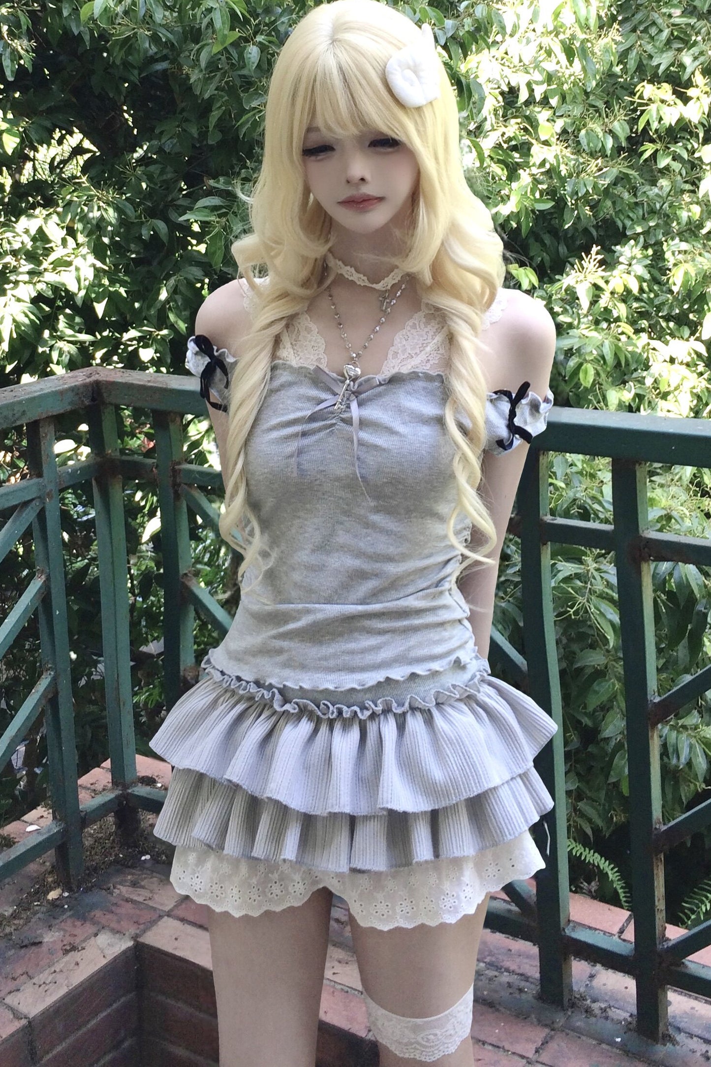 Gray Lace Camisole & Layered Skirt Set-Up