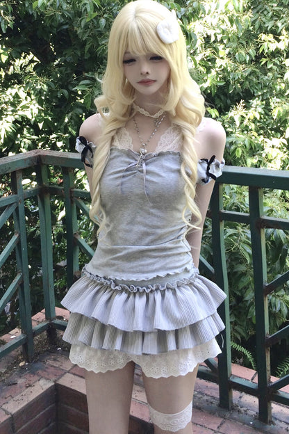Gray Lace Camisole & Layered Skirt Set-Up