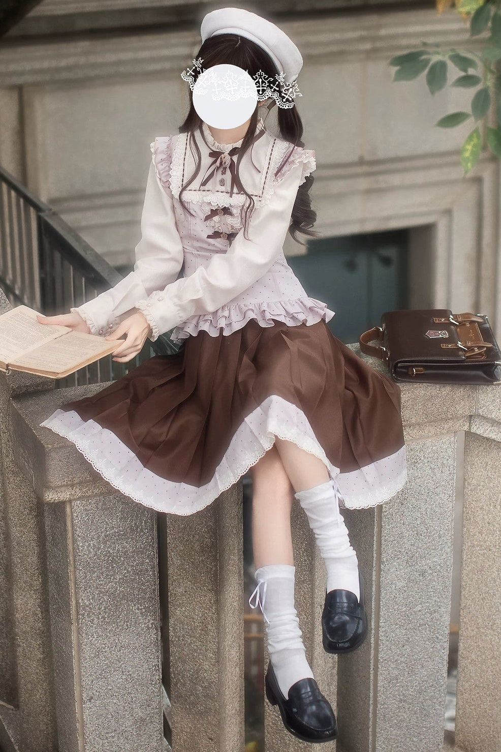 Pink Brown JK Pleated Skirt and Blouse Set-Up