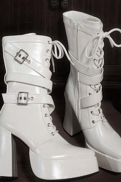 Bottes à plateforme à bout carré et brides croisées inversées