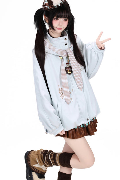 Plaid Bow Embroidered Hooded Suede Jacket