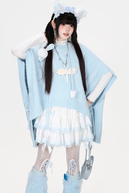 Hooded Bunny Faux Mink Knit Cape