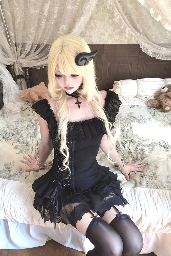 Black Gothic Lace Off-Shoulder Tie-Up Back Top and Skirt Set
