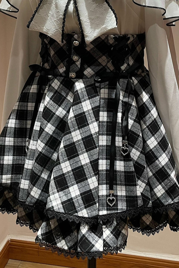 Long-Sleeved Lace Plaid Half Skirt and Top Set-Up