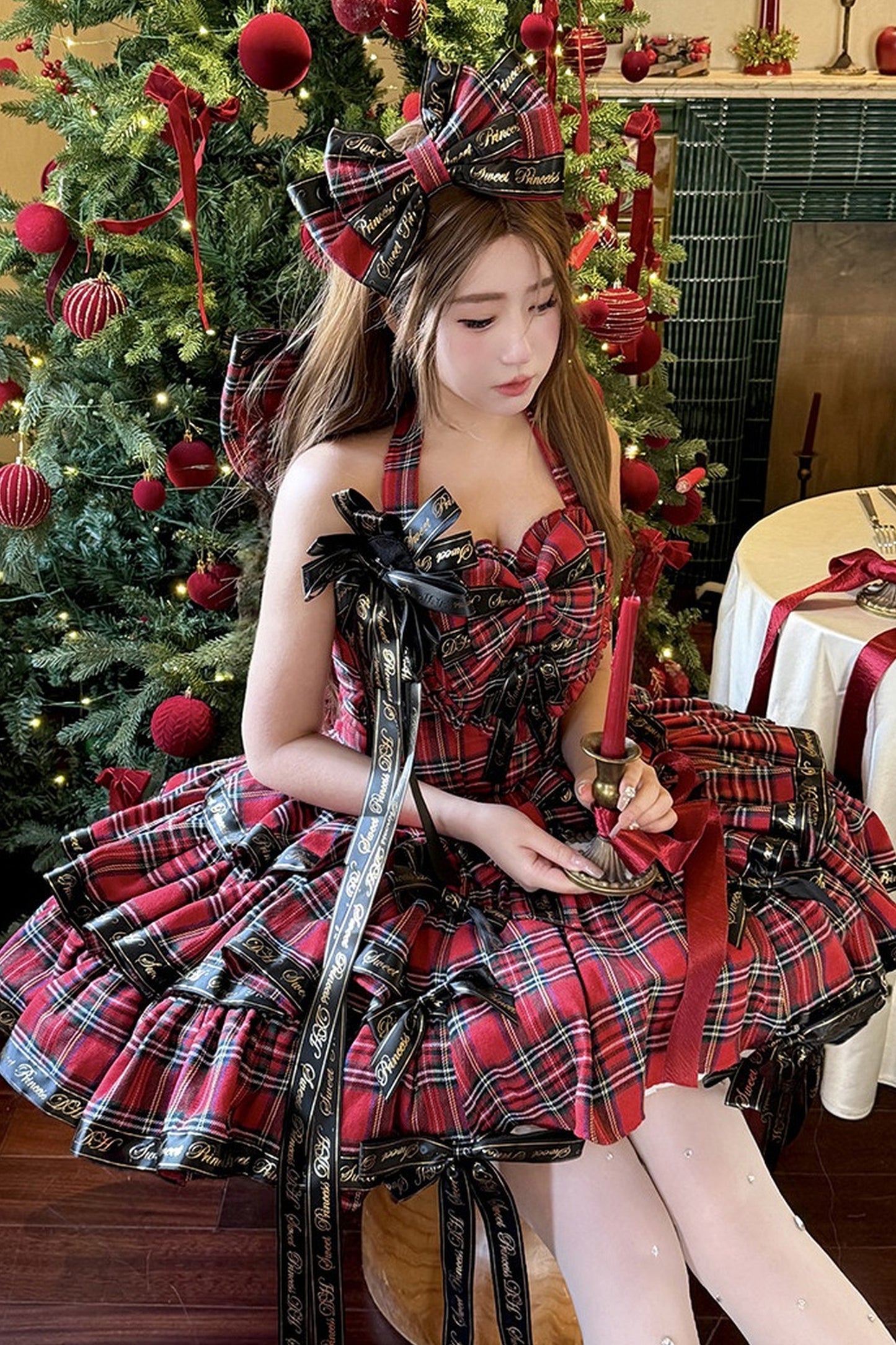 Abito lolita da ballerina a quadri con fiocco