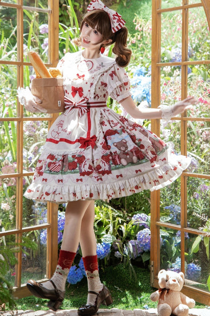 Strawberry Gift Box Lolita Print Suspender Dress Set-Up