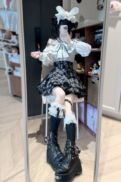 Long-Sleeved Lace Plaid Half Skirt and Top Set-Up