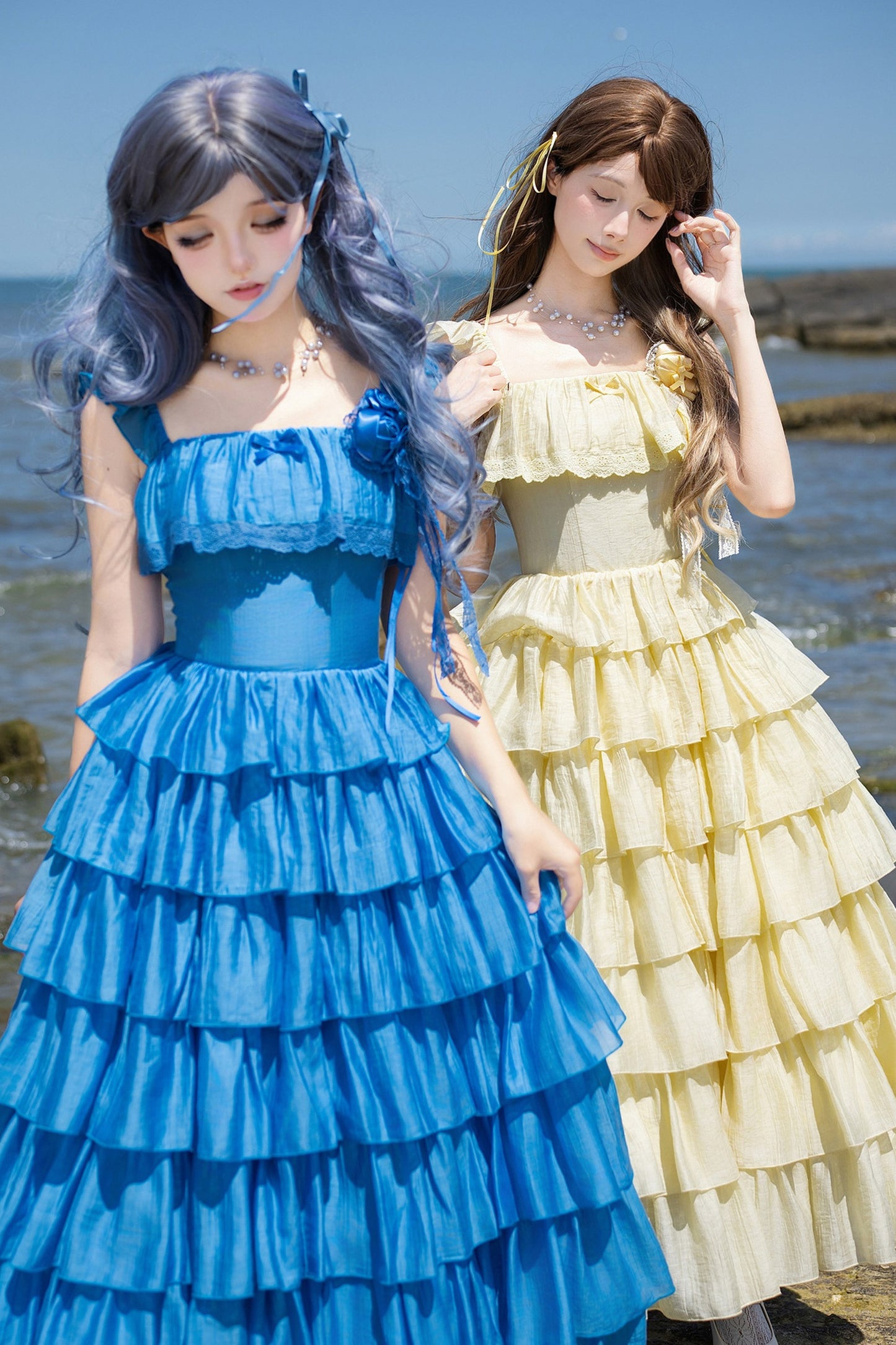 Seven-Layer Ruffle Square Neck Dress, Hair Accessory and Jacket Set-Up