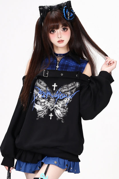 Plaid Butterfly Print Loose Sweatshirt
