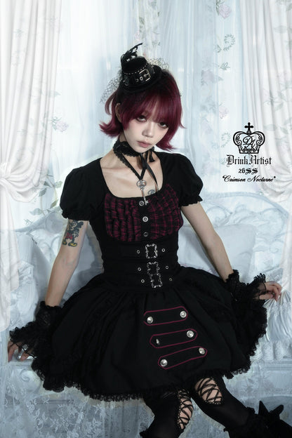 Original from Jiuyu Market: Black and Red Plaid Puff-Sleeve Knit Top with Military-Style Mesh Cake Skirt Set