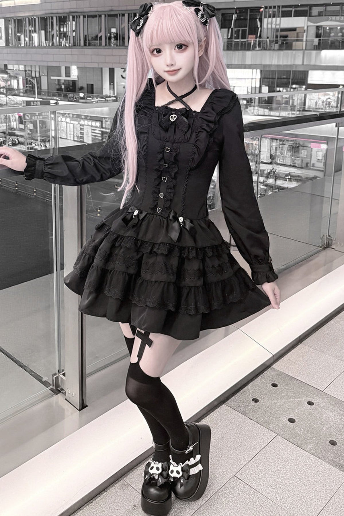 Lace Long Sleeve Cross-Tie Bow Dress