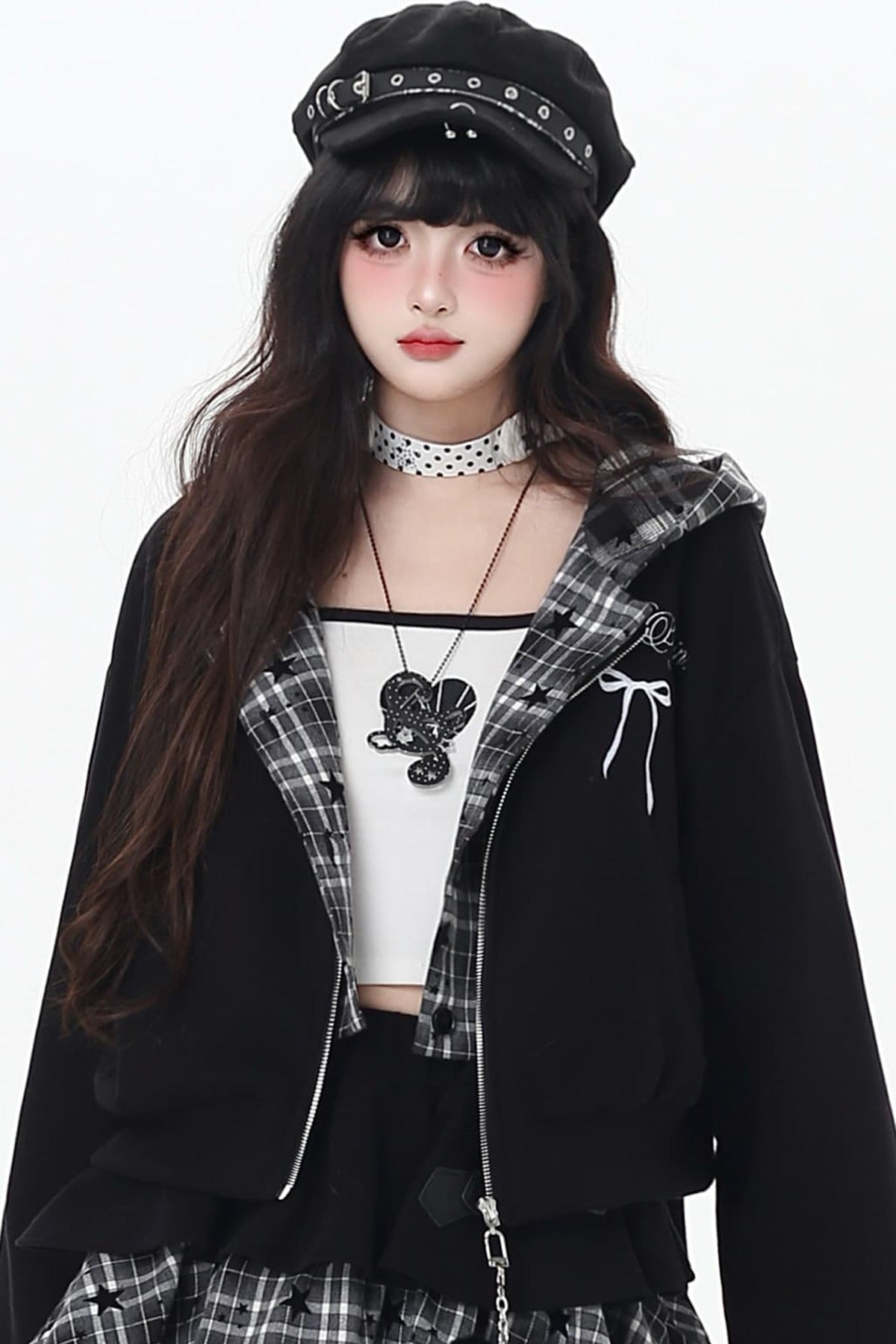 Plaid Rabbit Ear Embroidered Hooded Jacket