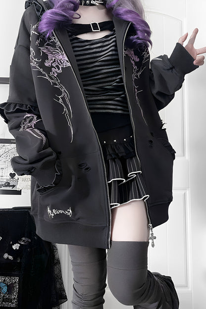 Long sleeve拉鍊連帽做舊刺繡外套