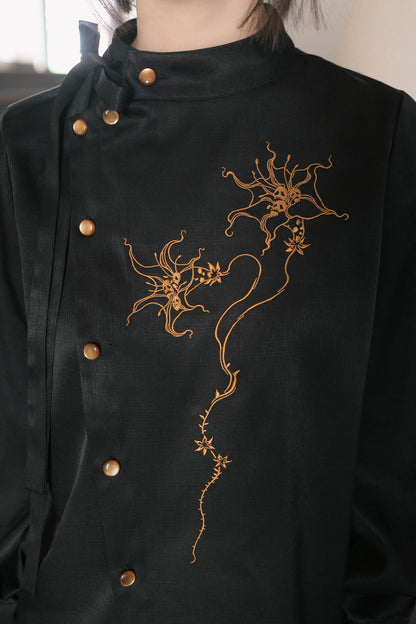 Mandala Embroidered Lace-Up Diagonal Placket Shirt