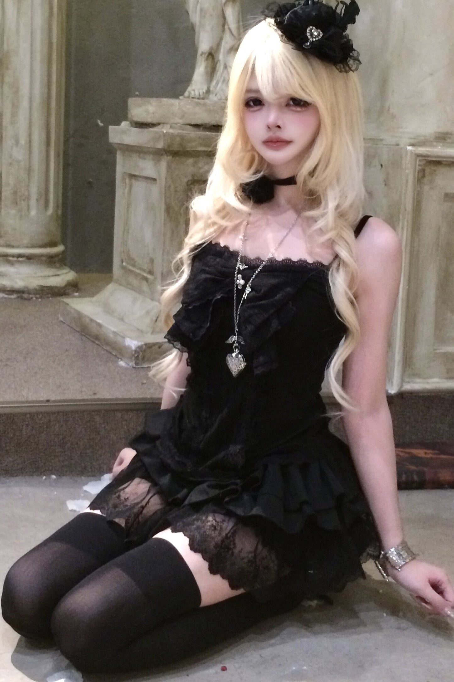 Gothic Black Lace Camisole and Skirt Set