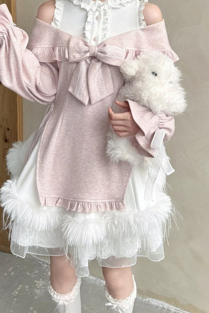 Moon Rabbit Big Bow Off-Shoulder Top and Skirt Set