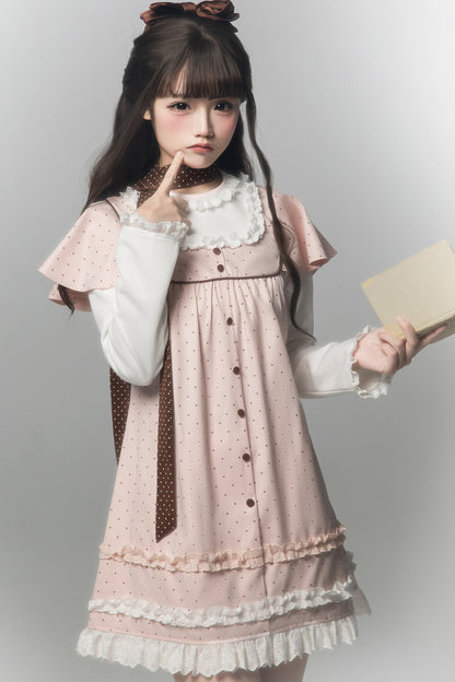 Pink Brown Polka Dot A-Line Layered-Look Dress
