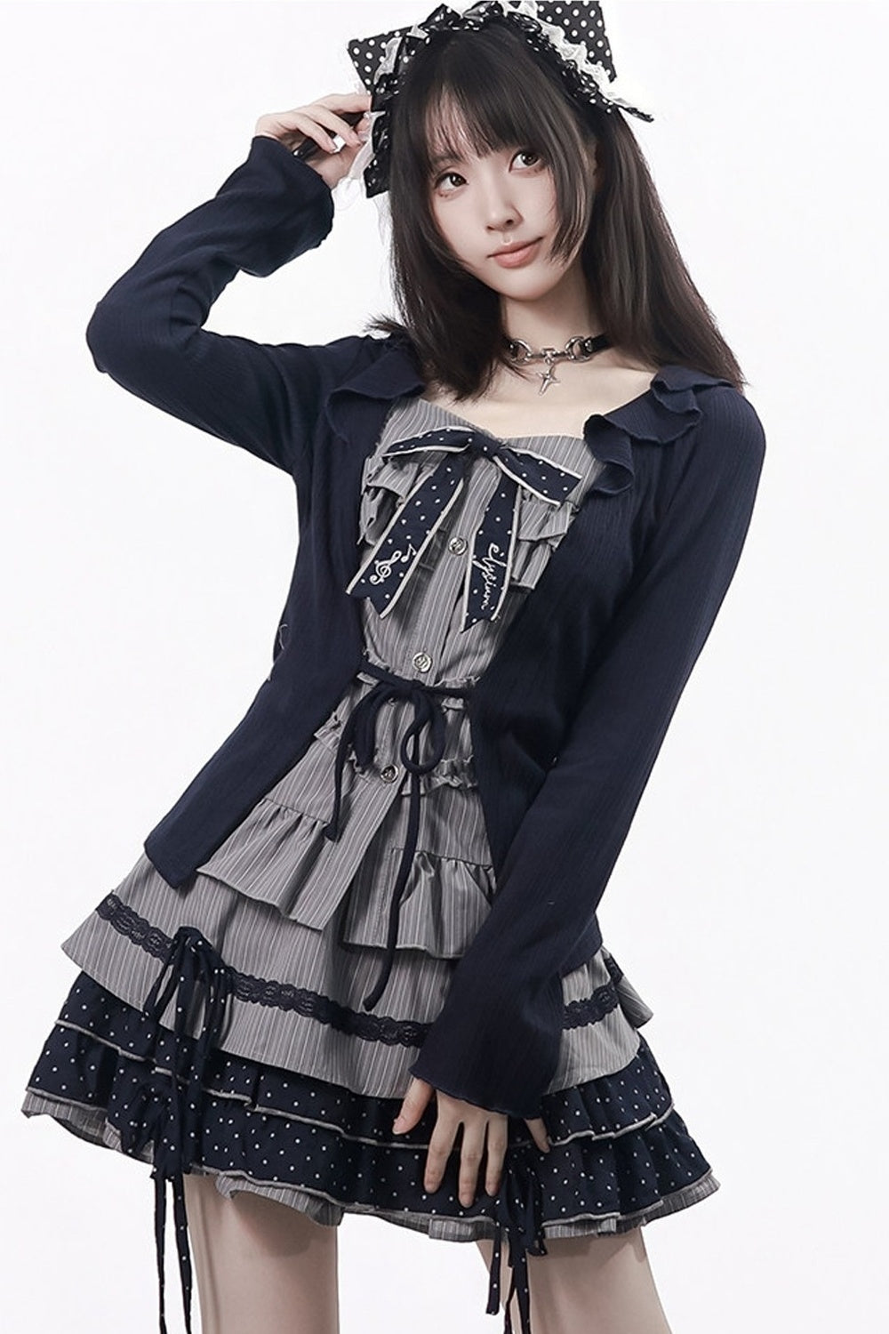 Polka Dot Waist-Cinching Layered-Look Top and Skirt Set-Up