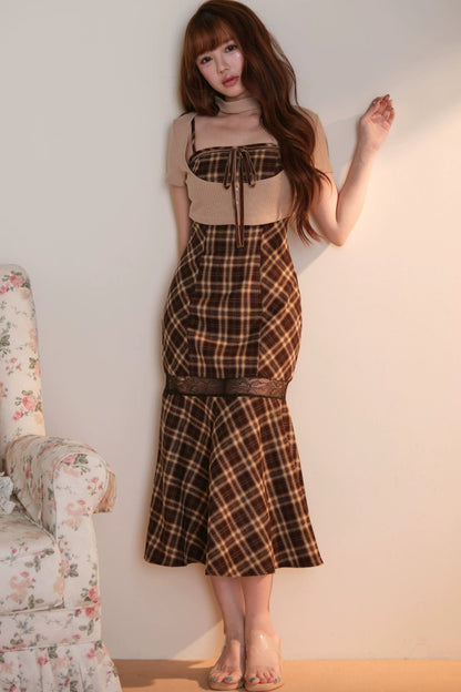 [Vorbestellung] Klassisches kariertes langes Kleid + Cardigan