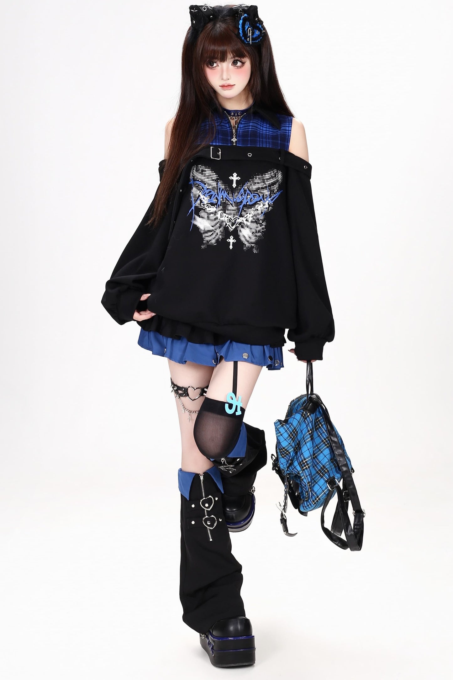 Plaid Butterfly Print Loose Sweatshirt