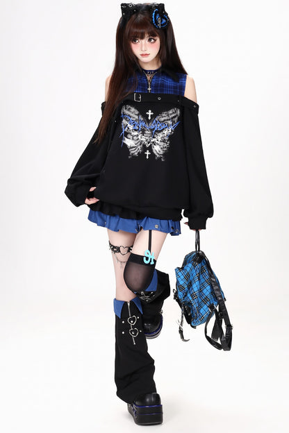 Plaid Butterfly Print Loose Sweatshirt
