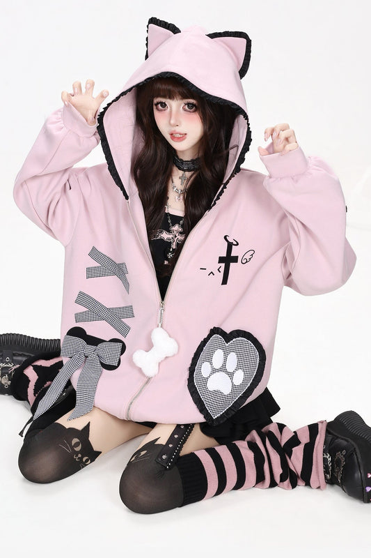 Cat Ear Plaid Bow Hooded Jacket