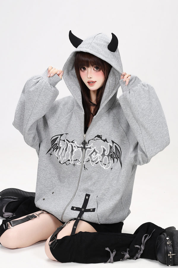 Devil Horn Gothic Webbing Hooded Jacket
