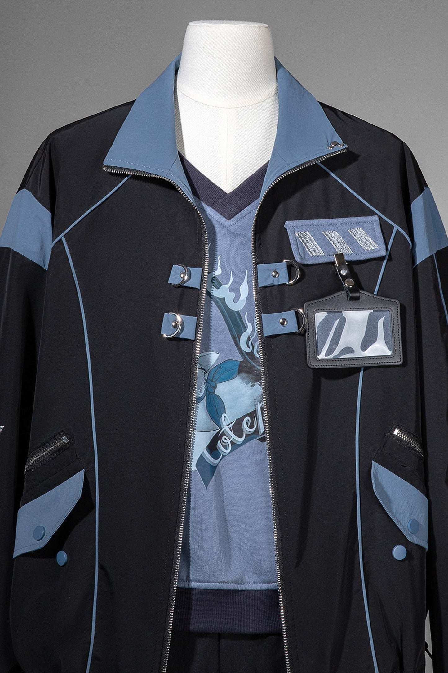 Schwarz-blaues Colorblock-Workwear-Jacken-Sweatshirt und weite Hose im Set