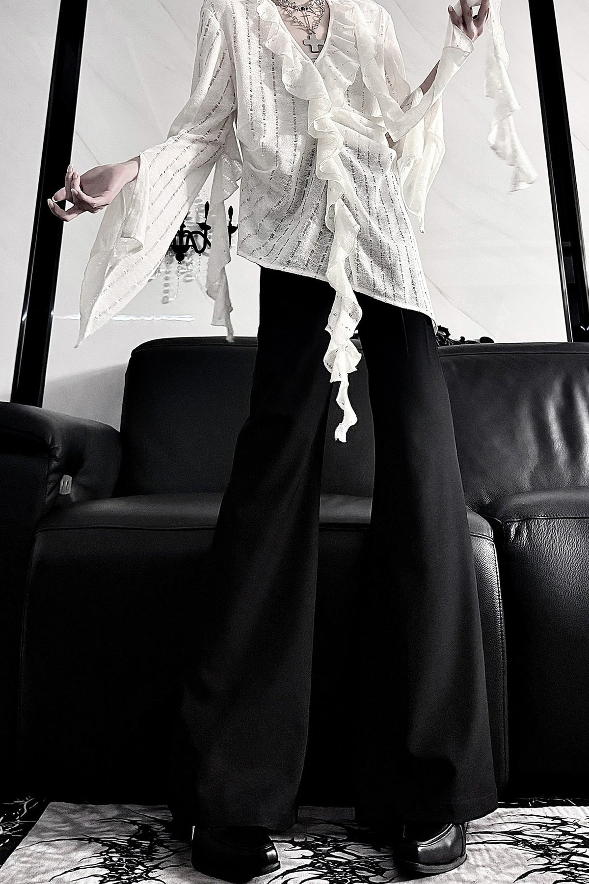 Ruffle V-Neck Lace Blouse