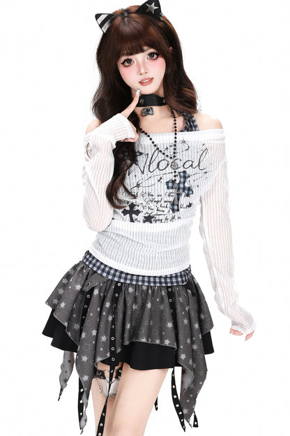 Plaid Letter Halter Long-Sleeve Cover-Up