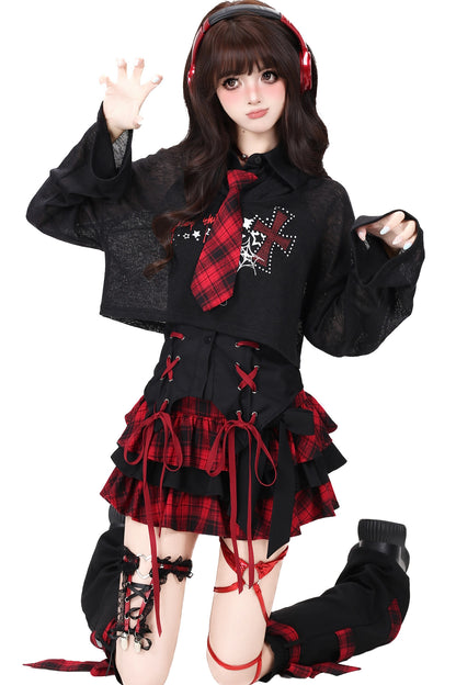 Cool Loose Long-Sleeved Blouse With Jacket and Skirt Set-Up